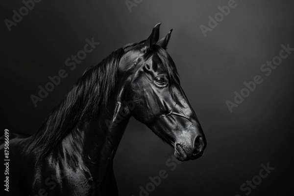 Fototapeta Beautiful horse portrait on a black background, a close-up of the head and neck in profile view. Black and white photography in the style of studio lighting.


