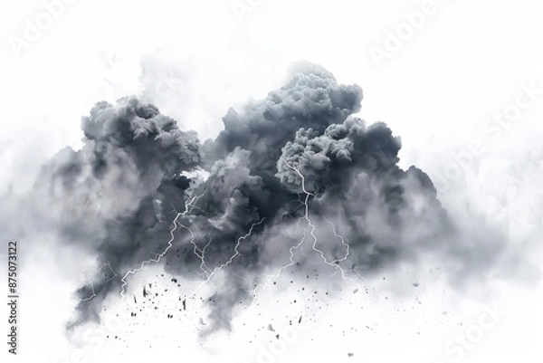 Fototapeta Black storm clouds with lightnings and smoke isolated on white background