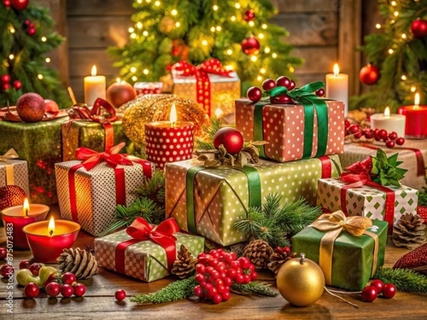 Fototapeta Vibrant wrapped gifts in various shapes and sizes overflow a beautifully set table, creating a festive atmosphere perfect for a special holiday celebration.