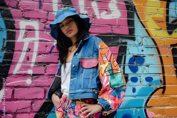 Fototapeta A model posing in front of a graffiti wall, wearing a denim bucket hat, cargo pants, and a bright, metallic jacket