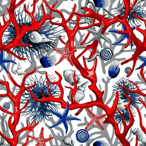 Fototapeta Red Coral and Nautical Elements Seamless Pattern for Textile Design