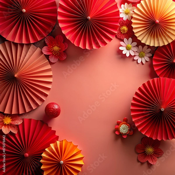 Fototapeta Chinese New Year Celebration Background with Red Paper Fans and Flowers - Background for Your Design

