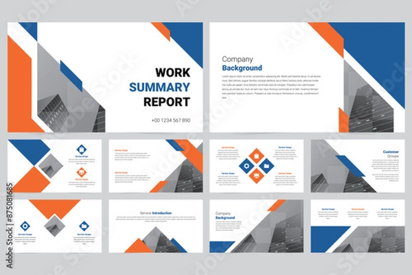 Fototapeta Blue and orange modern business work report slide presentation template