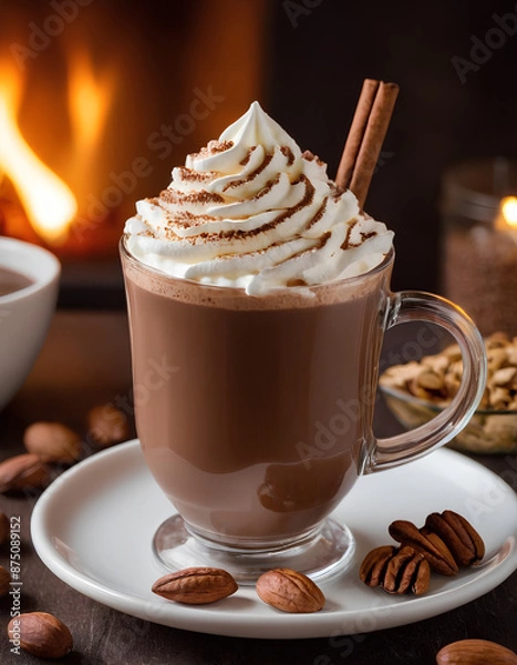 Obraz  hot chocolate drink with whipped cream and nuts on the table, hot cocoa drink