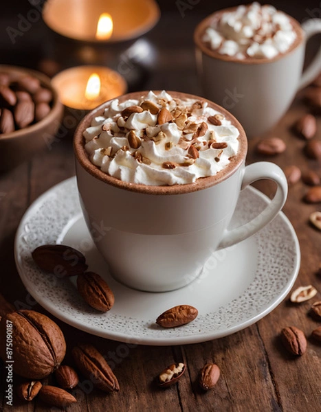 Obraz  hot chocolate drink with whipped cream and nuts on the table, hot cocoa drink