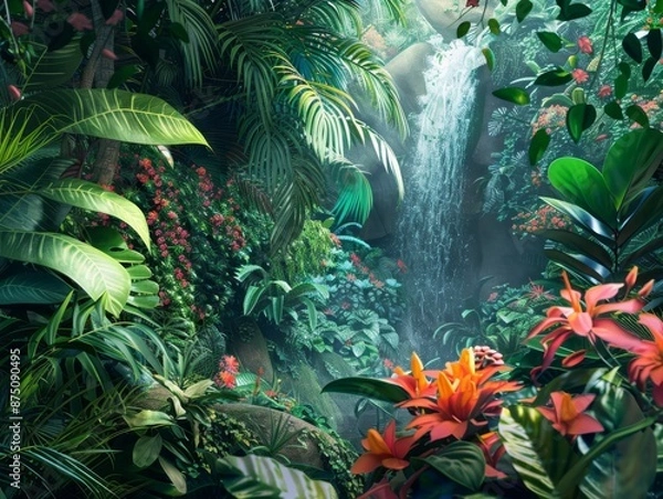 Fototapeta Hidden Waterfall in Lush Tropical Rainforest Environment Stock Photo