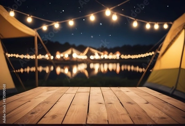 Fototapeta Wooden table top on blur tent camping travel tent at night.Drink and party concept.For montage product display or design key visual layout.View of copy space.

