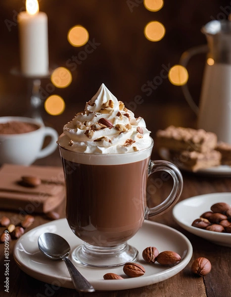Obraz  hot chocolate drink with whipped cream and nuts on the table, hot cocoa drink