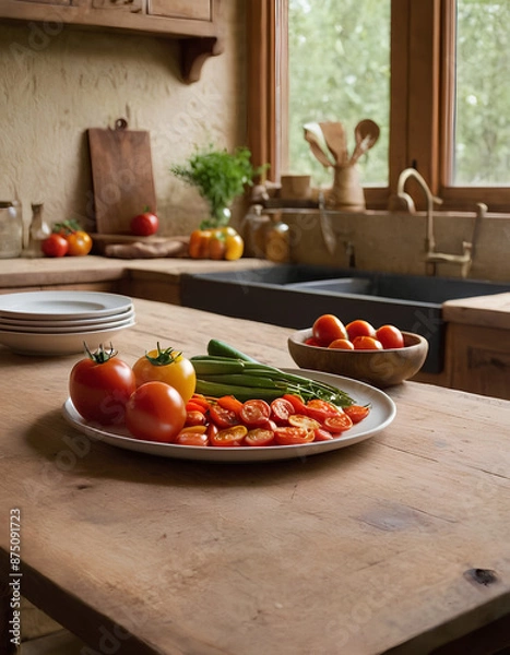 Fototapeta Aplate with a vibrant, colorful medley of farm-fresh vegetables, cinematic photograph of a rustic, wooden table set against a warm, earthy backdrop.