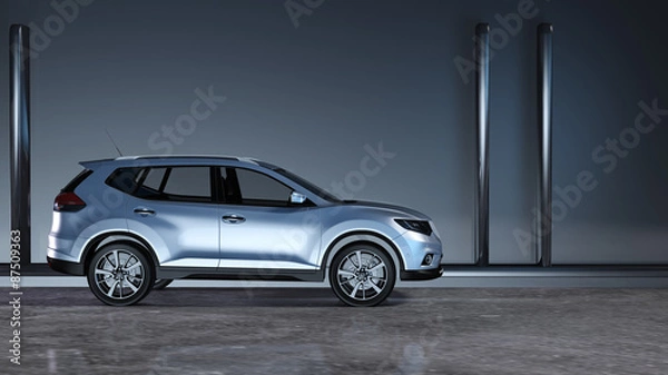 Fototapeta Modernes SUV vor einer Stahlwand