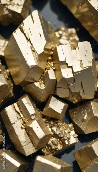 Fototapeta Pyrite raw stones shiny texture sample background, some cracked, 9:16 format, stories format, vertical, smartphone format