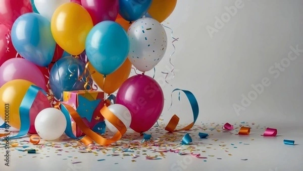 Obraz A cheerful birthday card background featuring a mix color party elements like balloons, ribbons, and stars, with an empty white area in the center for custom greetings