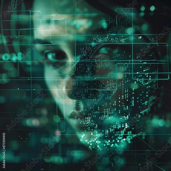 Fototapeta Data breaches, holographic warning system, advanced cybersecurity, dark aesthetic