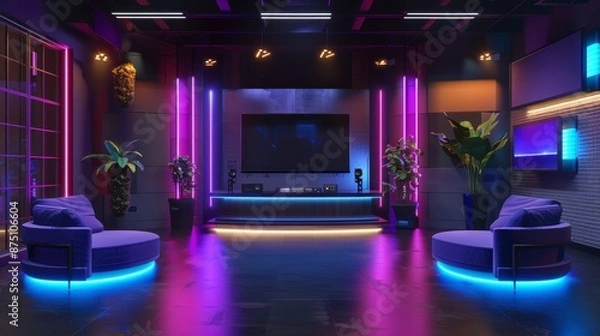 Fototapeta Render an abstract and colorful 3D version of a TV show podcast studio  AI generated illustration