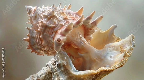 Obraz Detailed closeup of a conch shell reveals its intricate structure and iridescent hues, The shell's opening is wide, showcasing the smooth, pearly interior and the textured, spiky exterior.