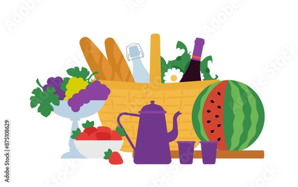 Obraz Picnic party. Food, drinks and straw basket - fruits, watermelon, lemonade, wine bottle, bread, flowers. Outdoor, weekend concept. Clean simple style illustration, isolated flat vector composition