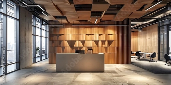 Fototapeta Sleek office interior with integrated wood and fabric acoustic panels, combining natural wood warmth with the soft textures of fabric. This design emphasizes both style and effective sound management.
