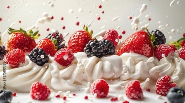 Fototapeta Yogurt, strawberries, blackberries white background raspberry