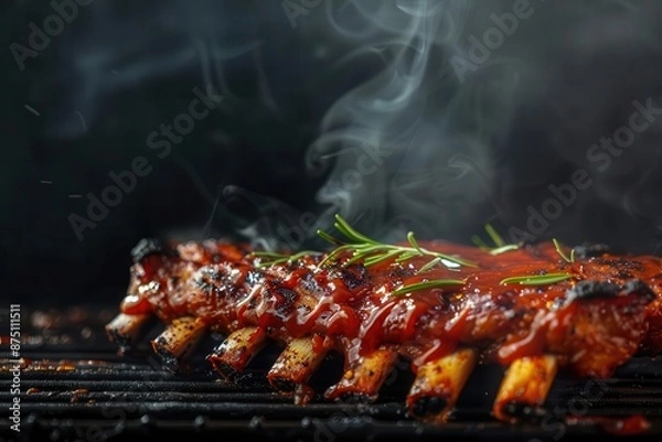 Fototapeta closeup of perfectly grilled bbq ribs glistening with sauce tendrils of smoke rising moody dark background