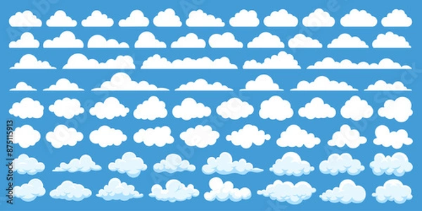 Fototapeta Set of vector white cloud or web cloud computing technology business icon isolated on blue background. Cloud pattern, fire smoke texture or nature sky art in cartoon style. Weather element symbol.
