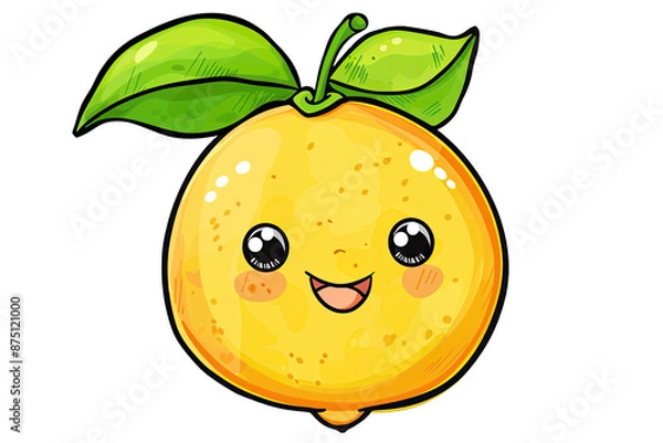 Fototapeta Cute yellow citrus fruit character with smiling face and green leaves, perfect for kids' designs and fun illustrations.