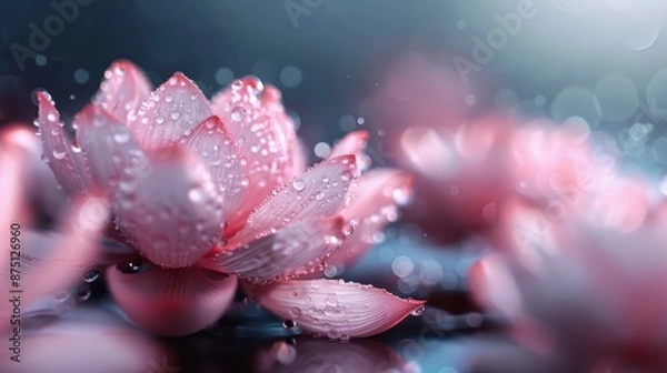 Fototapeta A beautiful close-up of a pink lotus flower covered in water droplets, highlighting its delicate petals and serene nature, evoking a sense of peace and tranquility.