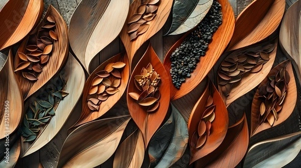 Fototapeta Abstract background featuring wooden wall panels in the shape of leaves, with natural elements in varying colors and shades.
