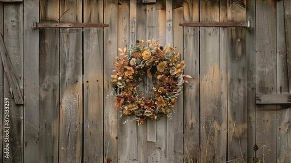 Fototapeta Rustic autumn wreath hanging on an old wooden door, providing a warm and inviting seasonal decoration.