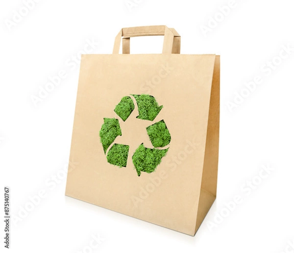 Fototapeta one paper bag with green recycling sign on isolated white background