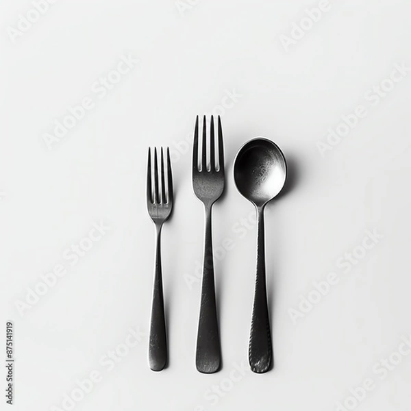 Obraz Minimalist photo of cutlery set with two forks and a spoon on a white background, ideal for kitchen and dining themes.
