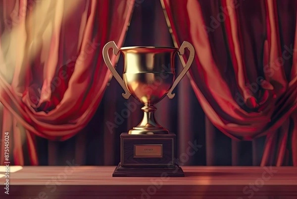 Fototapeta Golden trophy on a wooden table with red curtains in the background, symbolizing achievement and success.