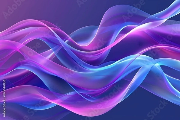 Fototapeta Abstract background with 3D waves in purple and blue gradients, glowing light effect, ideal for modern designs.