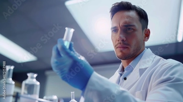Obraz Photorealistic scientist in a lab coat holding a test tube, modern laboratory background, bright lighting, highdetail clarity, ample copy space
