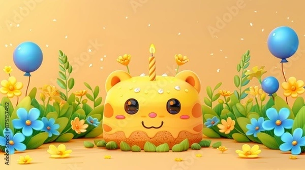 Fototapeta Illustration of colorful beautiful birthday or wedding cake character in decorated with colorful balloon isolated in white background with elemen for party