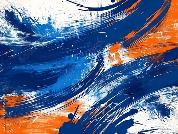Obraz Abstract background with blue and orange brush strokes, grunge texture, and paint splashes, ideal for banners.