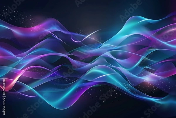 Fototapeta Abstract background featuring 3D colorful waves with purple and blue gradient and glowing light effect on a dark backdrop.