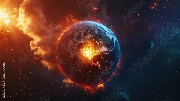 Fototapeta A dramatic depiction of Earth being consumed by fiery explosions in space, symbolizing a catastrophic end or an impactful environmental message.