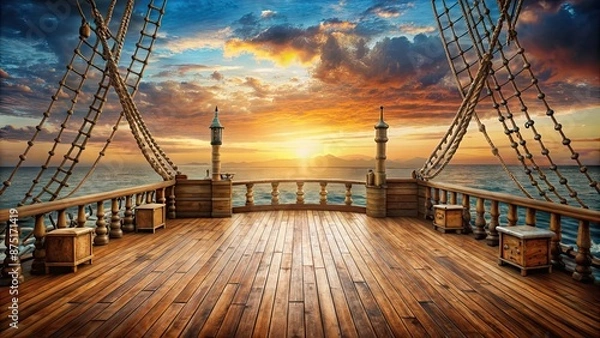 Fototapeta Empty pirate ship deck stage background , theater, theater stage, pirate ship, deck, background, empty, wood, nautical
