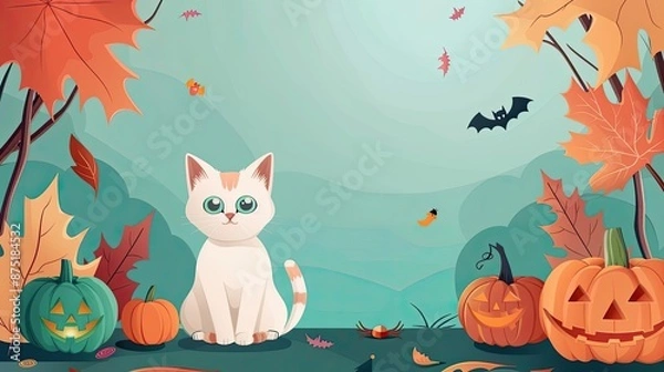 Fototapeta A flat illustration of Cat flat design front view Halloween theme cartoon drawing colored pastel