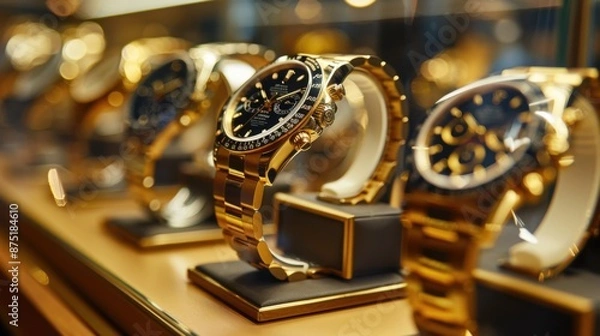Obraz Exclusive Collection of Gold Watches at Luxury Watch Store Showcasing Diverse Styles and Prestigious Brands