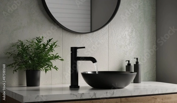 Fototapeta Sleek modern sink with black faucet and greenery