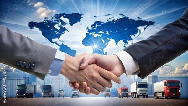 Fototapeta Smart logistics and transportation. Handshake for successful of investment deal teamwork and partnership business partners on logistic global network distribution
