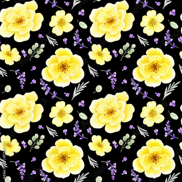 Fototapeta Watercolor yellow roses bouquet retro seamless pattern. Summer arrangements with lemon flowers and lavender on black