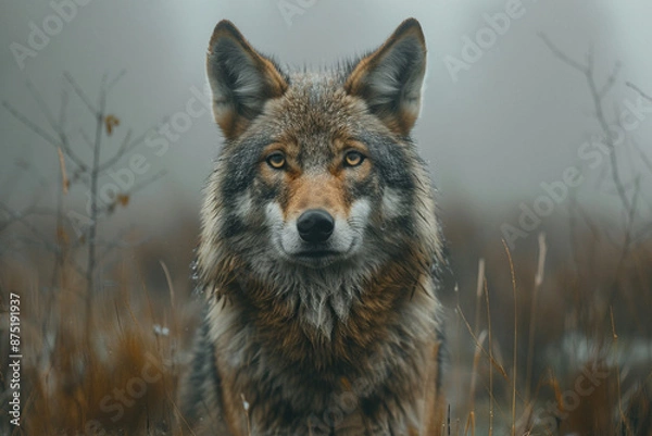 Fototapeta A wild wolf looks straight into the camera against a blurred background of foggy nature. Generated by artificial intelligence