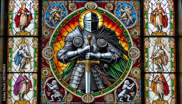 Obraz Highly detailed stained glass window with knight in armor