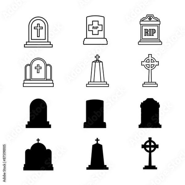 Fototapeta Tombstone icon. Tombstone icon set. Grave symbol set. Silhouette and line style.