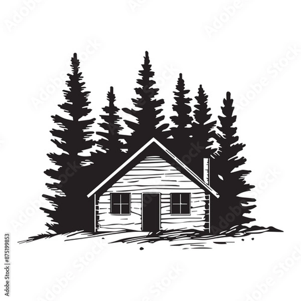 Fototapeta Simple logo icon of log cabin landscape scene, black vector illustration on white background