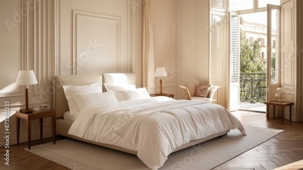 Fototapeta Harmonious Blend of Rococo Elegance and Modern Design in Spacious Bedroom with Golden Ratio Proportions