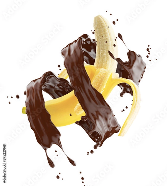 Fototapeta banana with chocolate splash isolated on a white background. Clipping path
