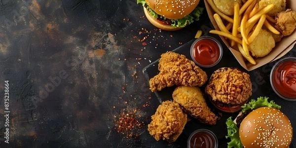 Obraz Assorted Fast Food Options Available for Takeout. Concept Burgers, Fries, Milkshakes, Nachos, Wings